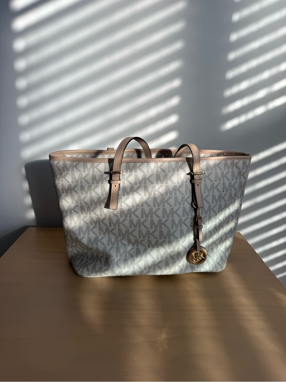 Michael Kors White MK Signature Tote with Light Brown Trim